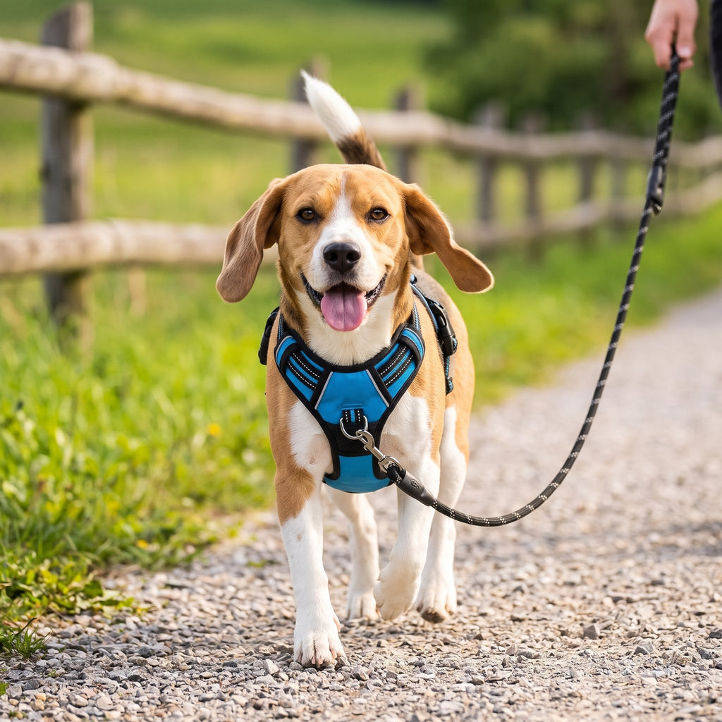 Beagle mit dem blauen Anti-Zug-Geschirr auf dem Feldweg