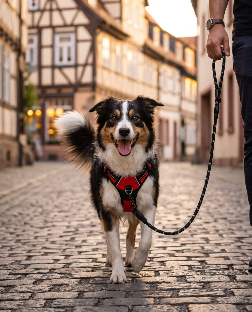 Border Collie mit dem roten Anti-Zug-Geschirr in der Altstadt