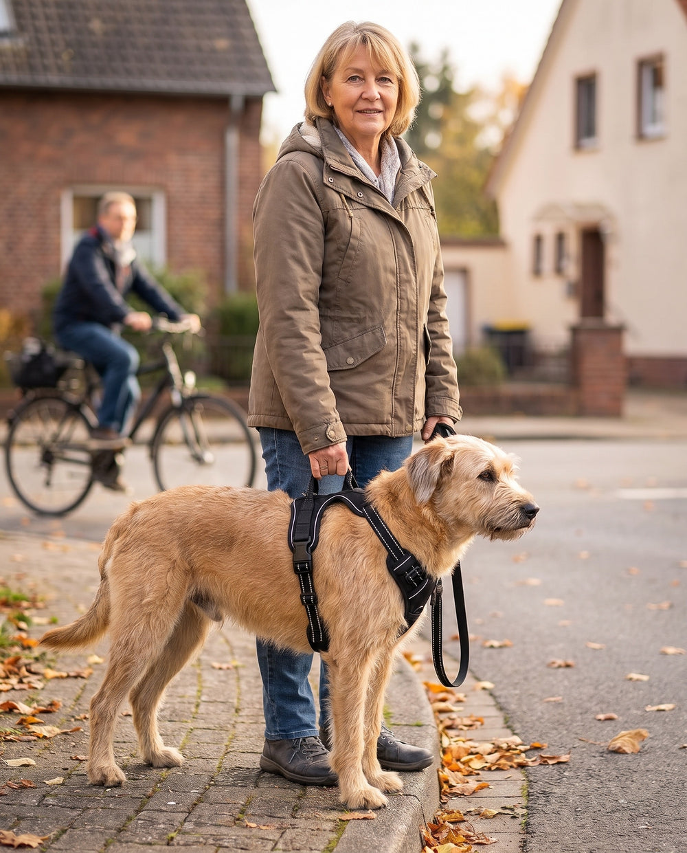 Frau hält ihren Hund am Bordstein kurz am Haltegriff des Geschirrs