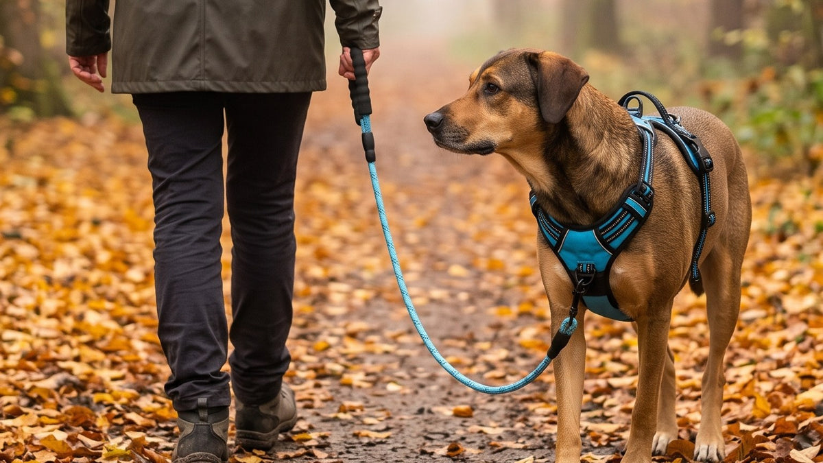 Waldspaziergang im Herbstnebel: Hund im blauen Palier Anti-Zug-Geschirr an lockerer Leine
